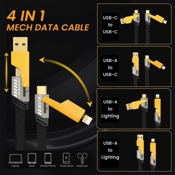 Renucartz 4-in-1 Cable 6 A 1 m METAL BRAIDED Smart 65W Multi Charging Cable | 4-in-1 Port | High Speed, Tangle Free Design (Compatible with Mobiles, Smartphones, Tablets, Earphones & all other device with Type- C Port, Black, One Cable)