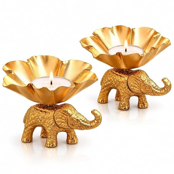 RENUCARTZ Golden Aluminium Royal Elephant Lotus Tealight Candle Holder Set for Pooja Mandir and Festive Home Decor - Image 2
