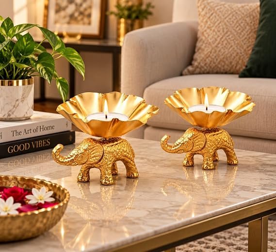 RENUCARTZ Golden Aluminium Royal Elephant Lotus Tealight Candle Holder Set for Pooja Mandir and Festive Home Decor - Image 4