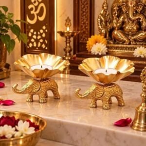 RENUCARTZ Golden Aluminium Royal Elephant Lotus Tealight Candle Holder Set for Pooja Mandir and Festive Home Decor