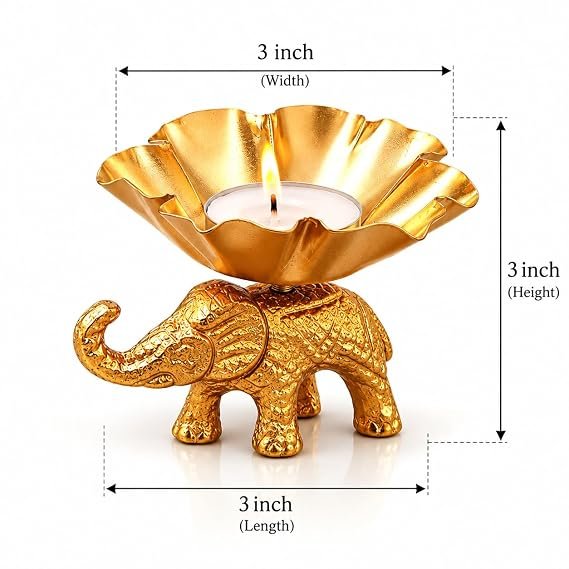 RENUCARTZ Golden Aluminium Royal Elephant Lotus Tealight Candle Holder Set for Pooja Mandir and Festive Home Decor - Image 3
