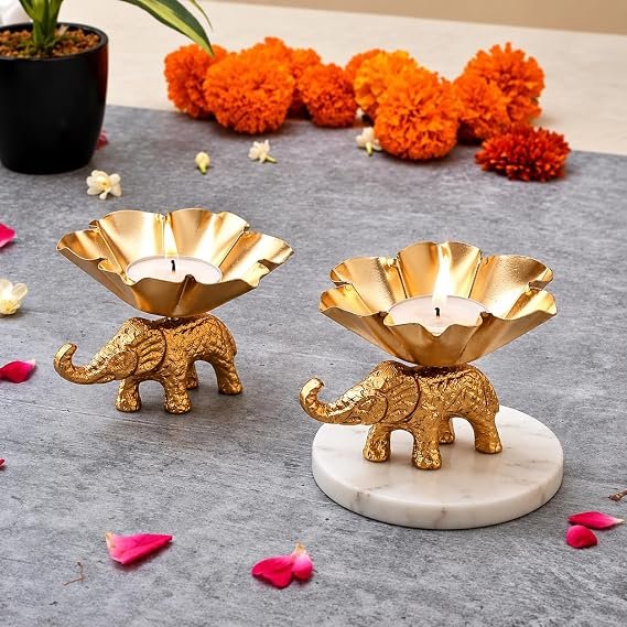 RENUCARTZ Golden Aluminium Royal Elephant Lotus Tealight Candle Holder Set for Pooja Mandir and Festive Home Decor - Image 5