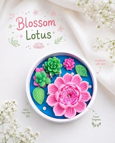 Decorative lotus soy wax candle by RENUCARTZ with blue pond base and pearl embellished flower