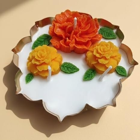RENUCARTZ Genda Phool Marigold Urli Soy Wax Decorative Candle for Diwali and Pooja Room Decor 3.5 Inch (Set of 1)