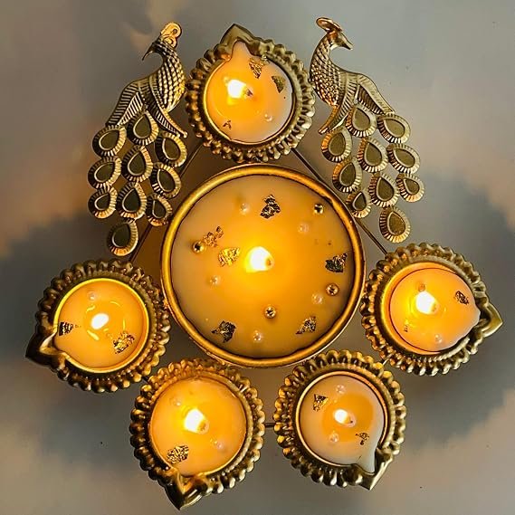 RENUCARTZ Luxury Golden Peacock Urli Wax Candle Set for Festive Table Centerpieces and Diwali Gifting Set of 1