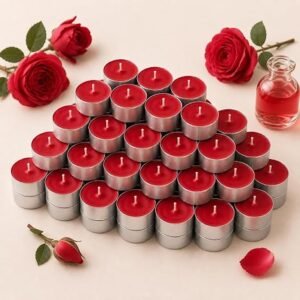 RENUCARTZ Tea Rose Scented Tealight Candles – Pack of 50 | Red Decorative Candles | Up to 3.5 Hours Burn Time
