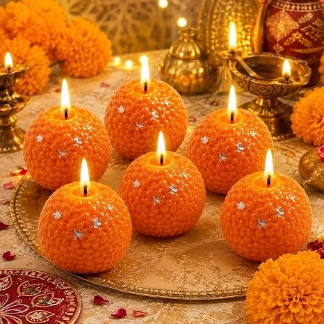 RENUCARTZ orange ladoo shaped scented soy wax candles for Diwali and festive decor